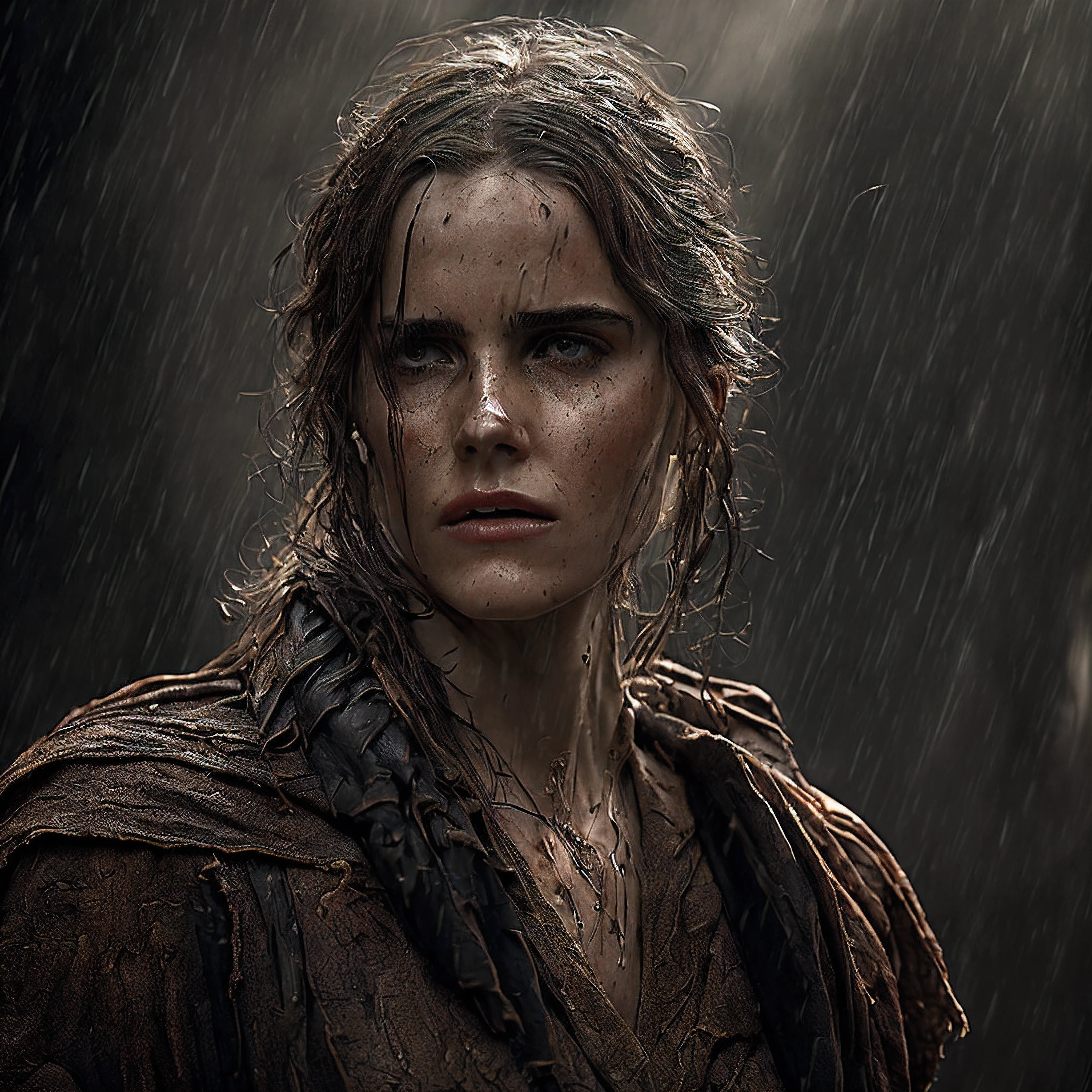 NUDE; (Cinematic Photo:1.3) of (Ultra detailed:1.3) photo of the most beautiful artwork in the world featuring soft lustrous, ((epic heroic fantasy slim rugged wet wounded hero female portrayed by Emma Watson Age 30; angry looking with long hair and fierce looking in a dynamic posture)), large breasts, full face,(dark background:1.4) (epic realistic, hdr, intricate details, hyperdetailed, cinematic, rim light, muted:1.5), ((fantastic location, majestic cluttered environment)), skin pores, very dark lighting, heavy shadows, detailed, detailed face, (photo realistic, dramatic, dark, sharp focus, 8k), (weathered damaged old worn leather outfit:1.5), (intricate:1.4), decadent, (highly detailed:1.4), octane render, sharp focus, heavy rain, particles floating, (Cinemacolor:1.3)