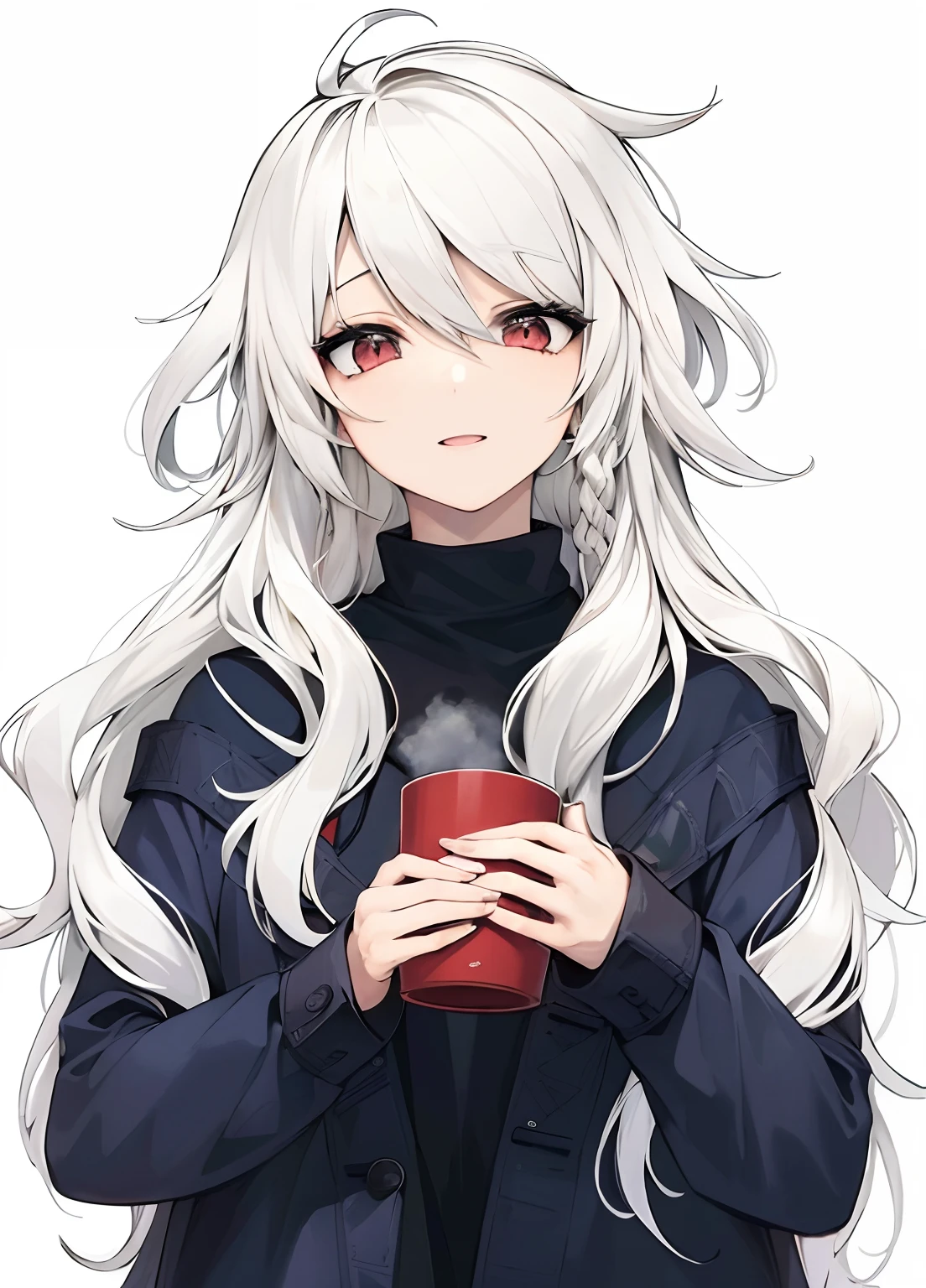 A woman with long white hair holding a cup of coffee, Chica perfecta de pelo blanco, Chica con el pelo blanco, pelo blanco, Dama de pelo blanco, cano, Chica anime con pelo largo, Una chica de anime, Anime visual de una chica linda, Personaje fe****** de anime, Personaje de anime, Deidad de pelo blanco, Hermoso retrato de anime, Chica anime, (Chica anime)con diferentes expresiones faciales.