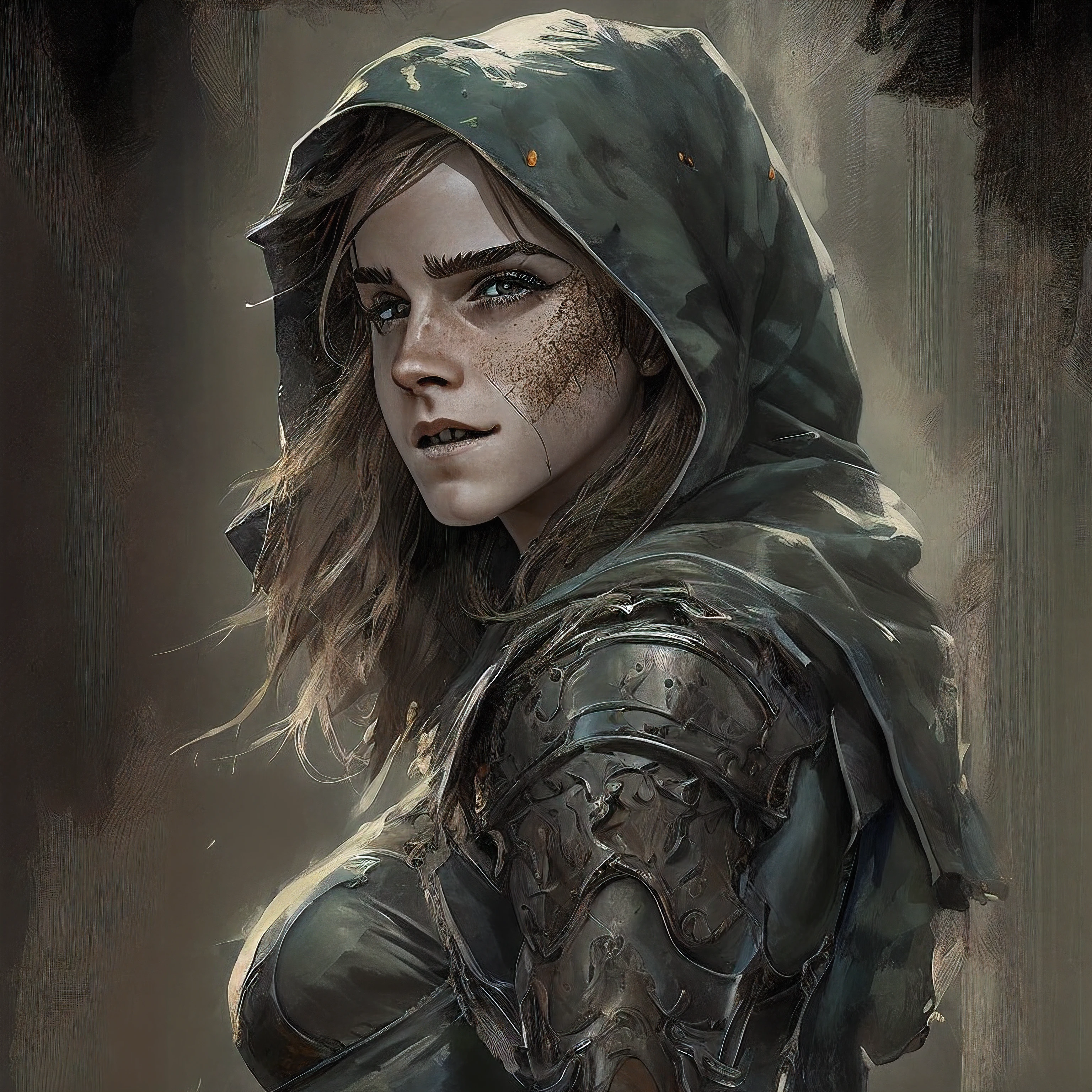 NUDE; portrayed by Emma Watson Age 30; large breasts slim build, rogue thief girl, long hair, pale skin, belly button, bigger front teeth, big grey eyes, beautiful detailed eyes, messy make-up, (smirk), (nose blush), weathered leather armor, weathered black cotton hood, cinematic light, dark fantasy background, drawn by Greg Rutkowski, Yoji Shinkawa:0.6