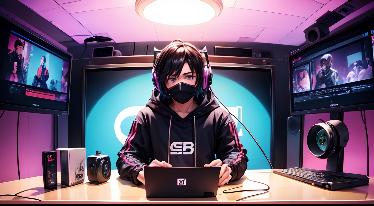 cartoon of a man in a realsitic awesome hoodie sitting at a desk with a microphone, discord profile picture, cyber aesthetic, the encrypted metaverse, art depicting control freak, background artwork, vaporwave cartoon, black hair, rapping into microphone, 2d illustration, cyberpunk art, A beatmaker with a mask wearing headphones in a homestudio, laptop on table, looking into camera, youtube studio, background wall with youtube golden play button, best quality, hd, face and body in center facing towards camera