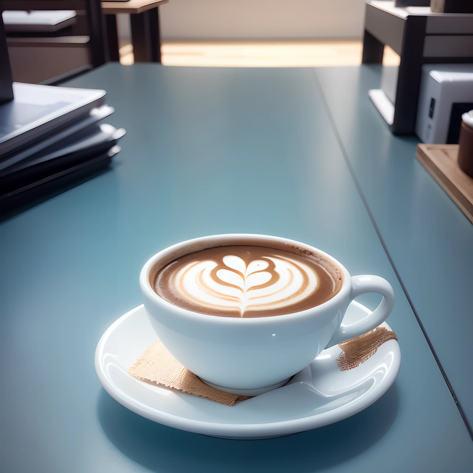 Coffee on the workspace, the background is clear and clean feeling The background is light blue