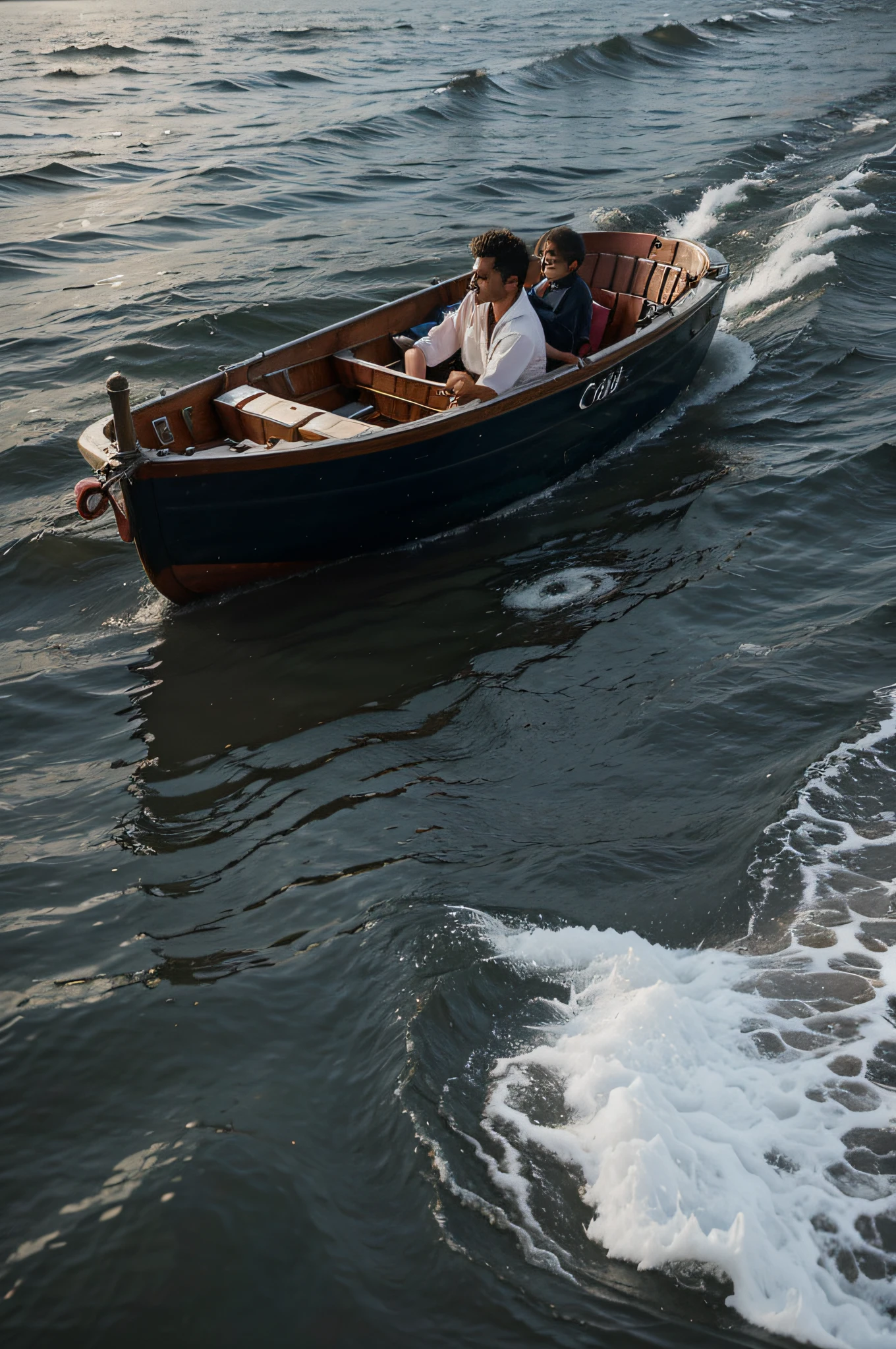 A terrible flood ravages the entire earth. A small boat with a family floats on the rough waves.