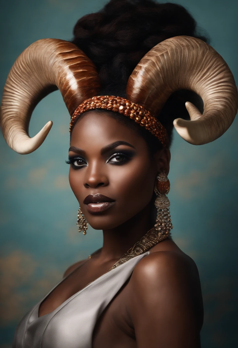 A black woman with auburn hair and ram horns