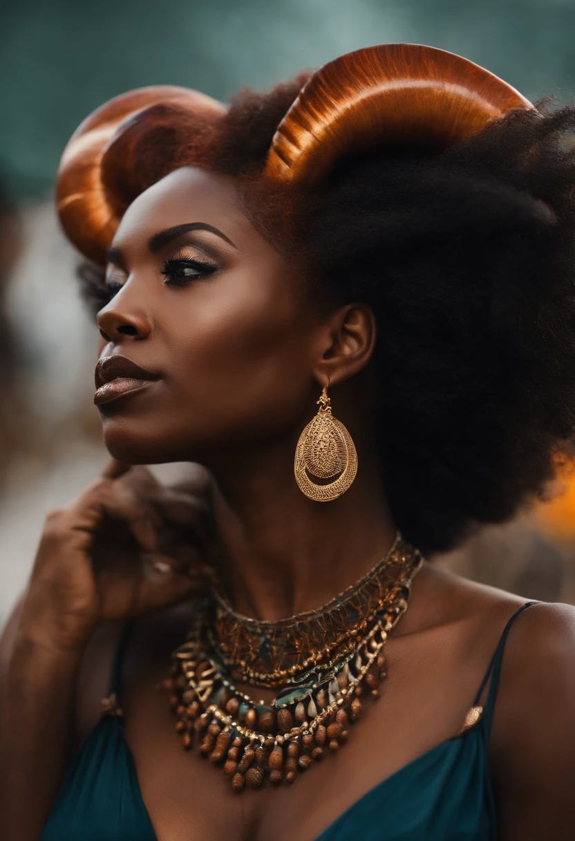 A black woman with auburn hair and ram horns