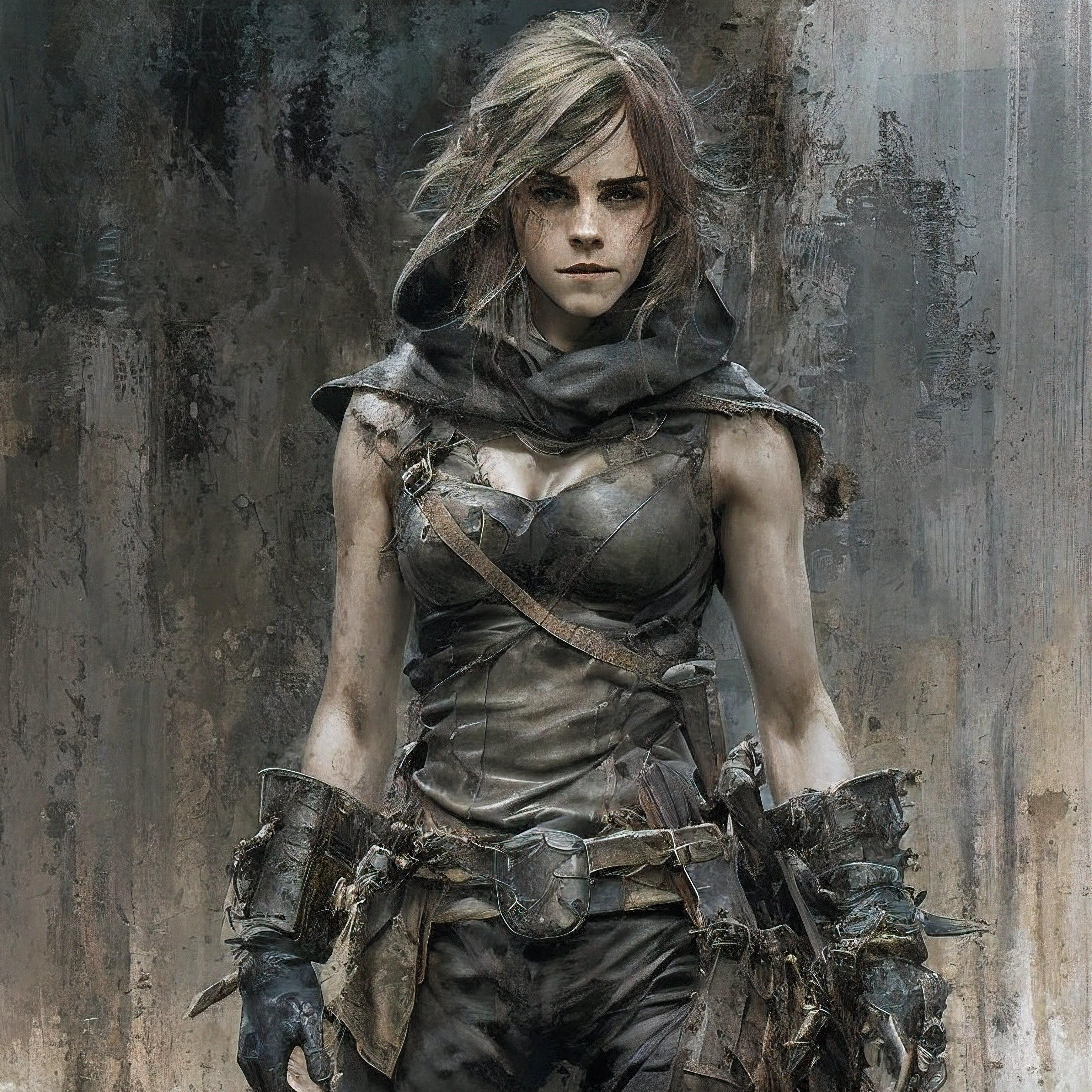 ; portrayed by Emma Watson Age 30; large breasts slim build, rogue thief girl, long hair, pale skin, belly button, bigger front teeth, big grey eyes, beautiful detailed eyes, messy make-up, (smirk), (nose blush), weathered leather armor, weathered black cotton hood, cinematic light, dark fantasy background, PHOTOGRAPHED by Greg Rutkowski, Yoji Shinkawa:0.6