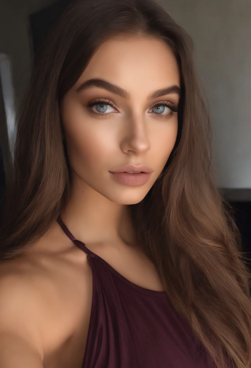 Arafed woman with exposed breasts, fille sexy aux yeux bruns, Portrait Sophie Mudd, cheveux bruns et grands yeux, selfie of a young woman, Yeux de chambre, Violet Myers, sans maquillage, maquillage naturel, looking straight at camera, Visage avec Artgram, Maquillage subtil, Superbe photo du corps entier, dans la chambre, topless