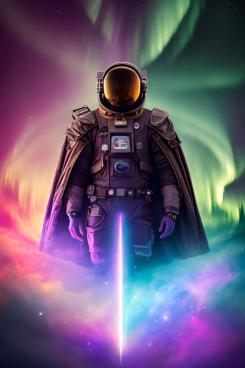 An astronaut with a steampunk violet cape floating in space and an aurora covering him, The Yellowest Colorful Aurora in Space, Realistic photography, Dramatic moment, dynamic composition, astronauta detallado con ojos violeta iluminado como linterna, Objeto perfecto, Altamente detallado, 128K resolution, HDR, Ultra HD, Masterpiece photography, Estilo de 500px, Film Color Style
