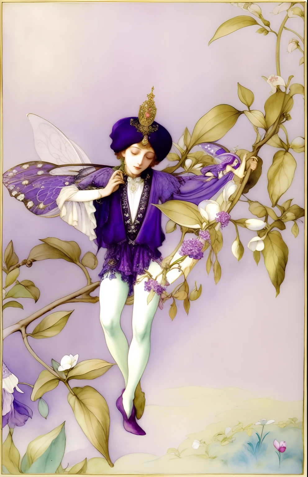 A painting of a fairy in a purple hat and purple dress, inspirado em Warwick Goble, Directed by: Warwick Goble, florence harrison, the non-binary deity of spring, Directed by: Eleanor Fortescue-Brickdale, Directed by: Cicely Mary Barker, inspirado em Cicely Mary Barker, full-colour illustration, inspirado em Eleanor Fortescue-Brickdale, Directed by: Edward Baird