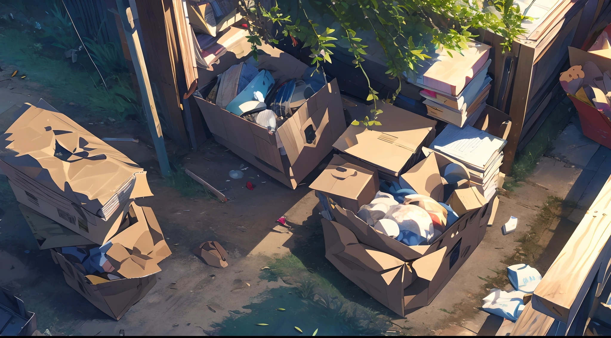 tmasterpiece,best qualtiy,schools,junkyard,The sun slowly tilts to the west,The dump is surrounded by lush bushes,Paper bags are scattered on the ground