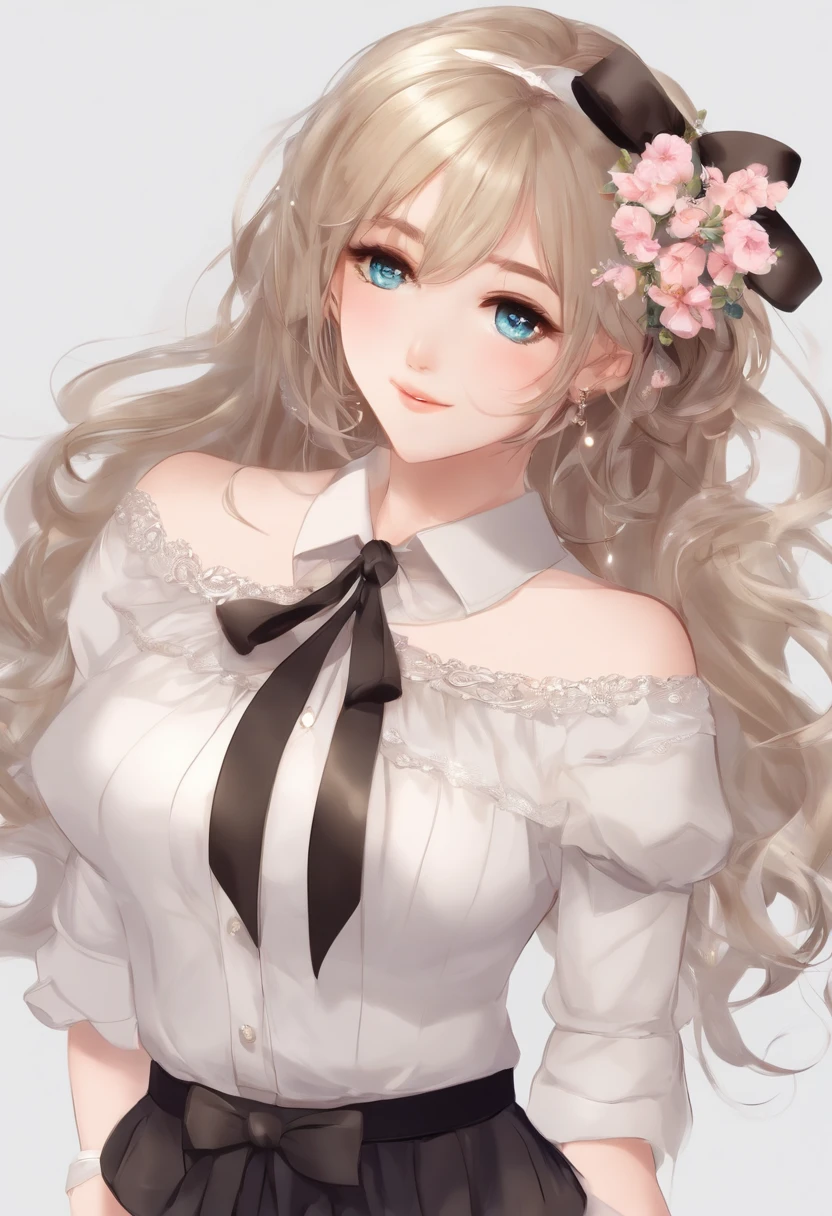 works, best quality, girl, long hair alternative, absurdly long hair, blonde hair, bow hair, aqua eyes, seductive smile, tongue, black eyes, longeyelashes, big breasts, mole on the chest, white shirt, short black skirt, shoes, pendant, hair ribbon, flower ribbon, hair_ribbon, hair_ribbon, hair_flower