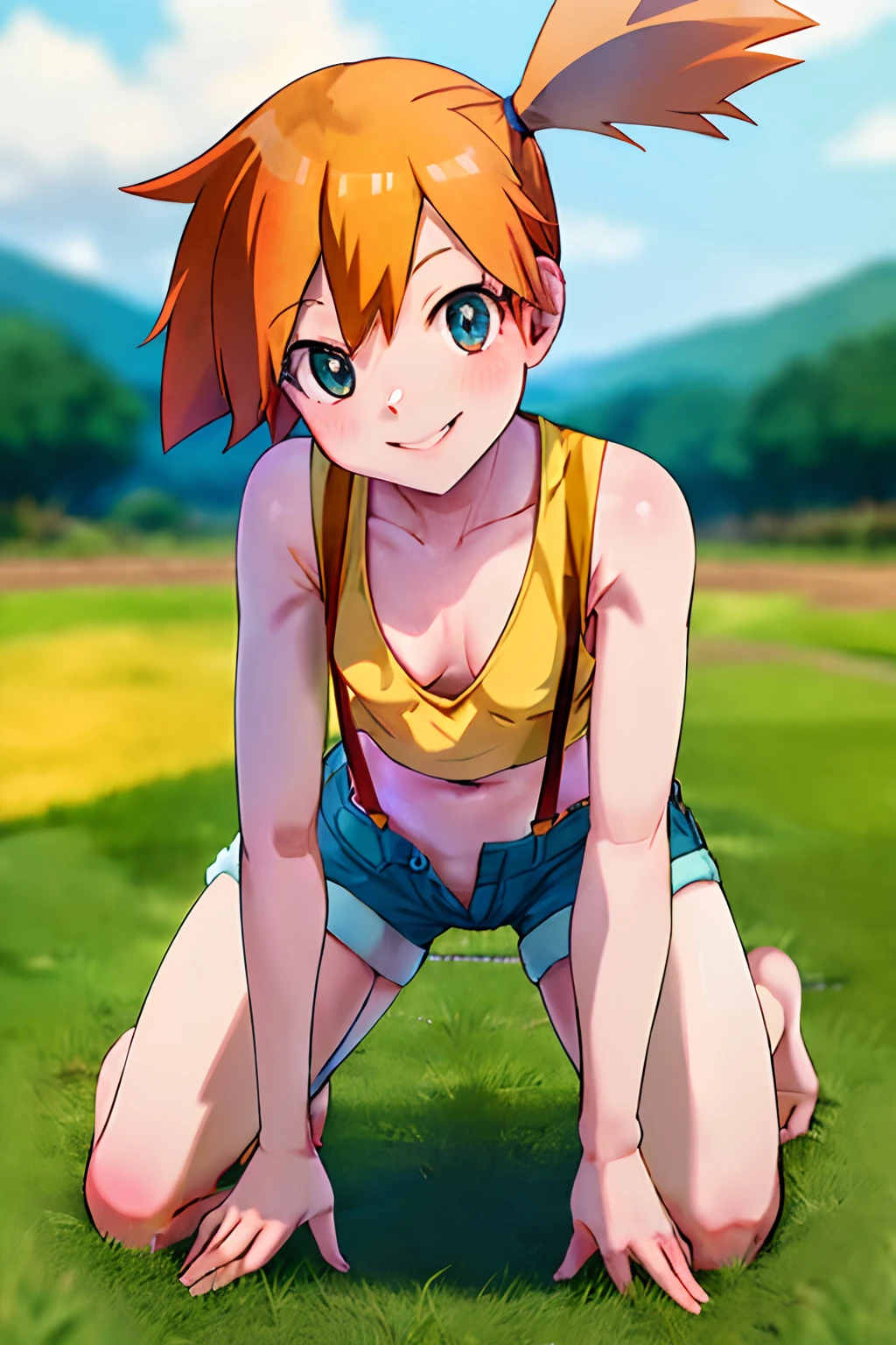 masterpiece, best quality, highres, 1girl, misty (pokemon), orange hair, solo, shorts, suspenders, side ponytail, orange hair, midriff, yellow crop top, navel, short hair, denim, denim shorts,, smile, cowboy shot, outdoors, small breasts, Externally expanded Chest, ((((on all fours)))), ((downblouse))