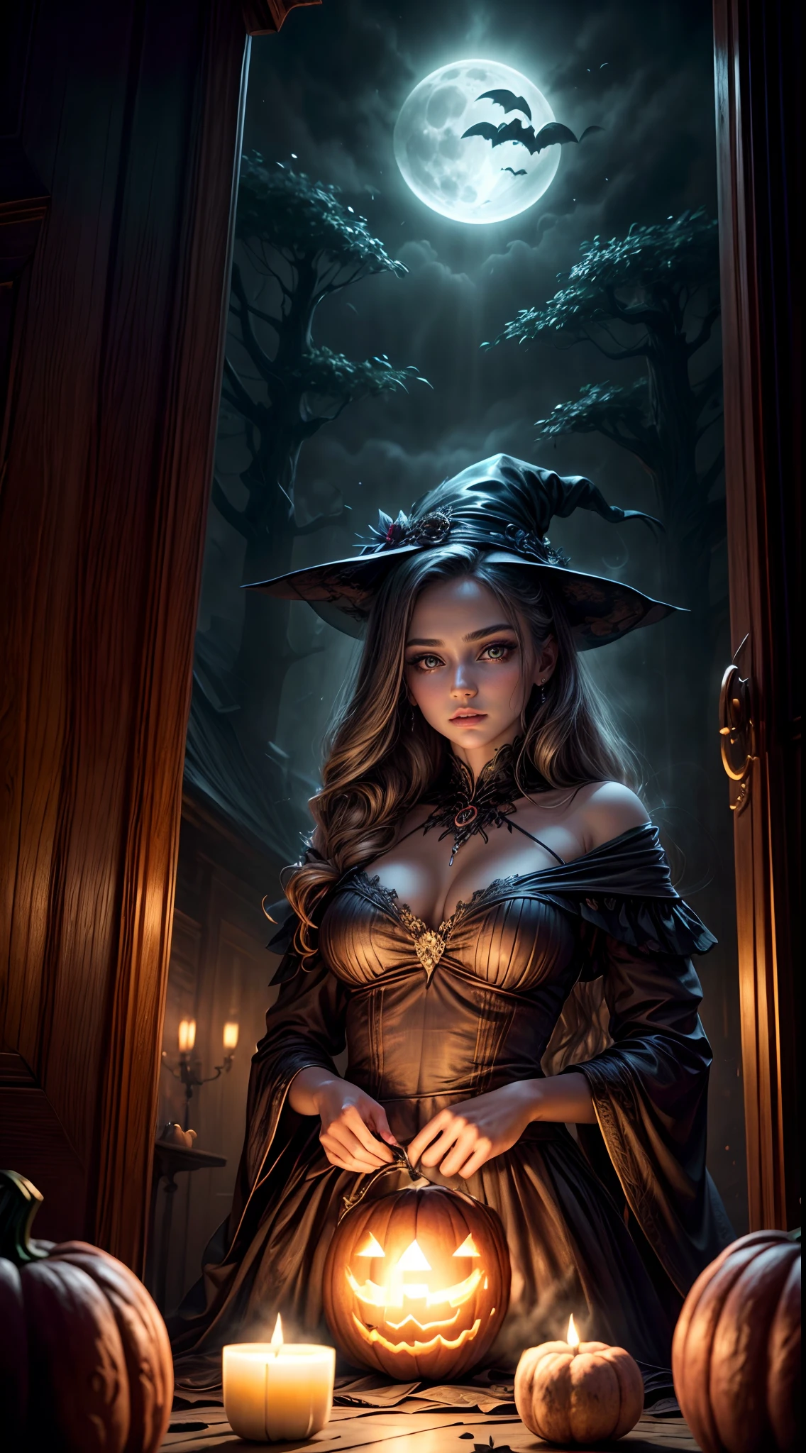 (best quality,4k,8k,highres,masterpiece:1.2),ultra-detailed,(realistic,photorealistic,photo-realistic:1.37), portrait, sorceress, moonlight, pumpkin, eerie glow, spooky, atmospheric, enchanting, dark and enchanting, golden hour, Halloween, mystical, magical, witch, sorcery, spellbinding, ethereal, mystical fog, mysterious, haunting, shadowy figures, enchanting forest, bewitching, moonbeam, mystical aura, bewitching eyes, captivating, otherworldly, witchcraft, moonlit sky, enchanted evening, sorceress's lair, bewitched pumpkin, moonlit silhouette, mystical powers, mysterious atmosphere, spellcaster, moonlit magic, hauntingly beautiful, enchantment in the air, ethereal beauty.