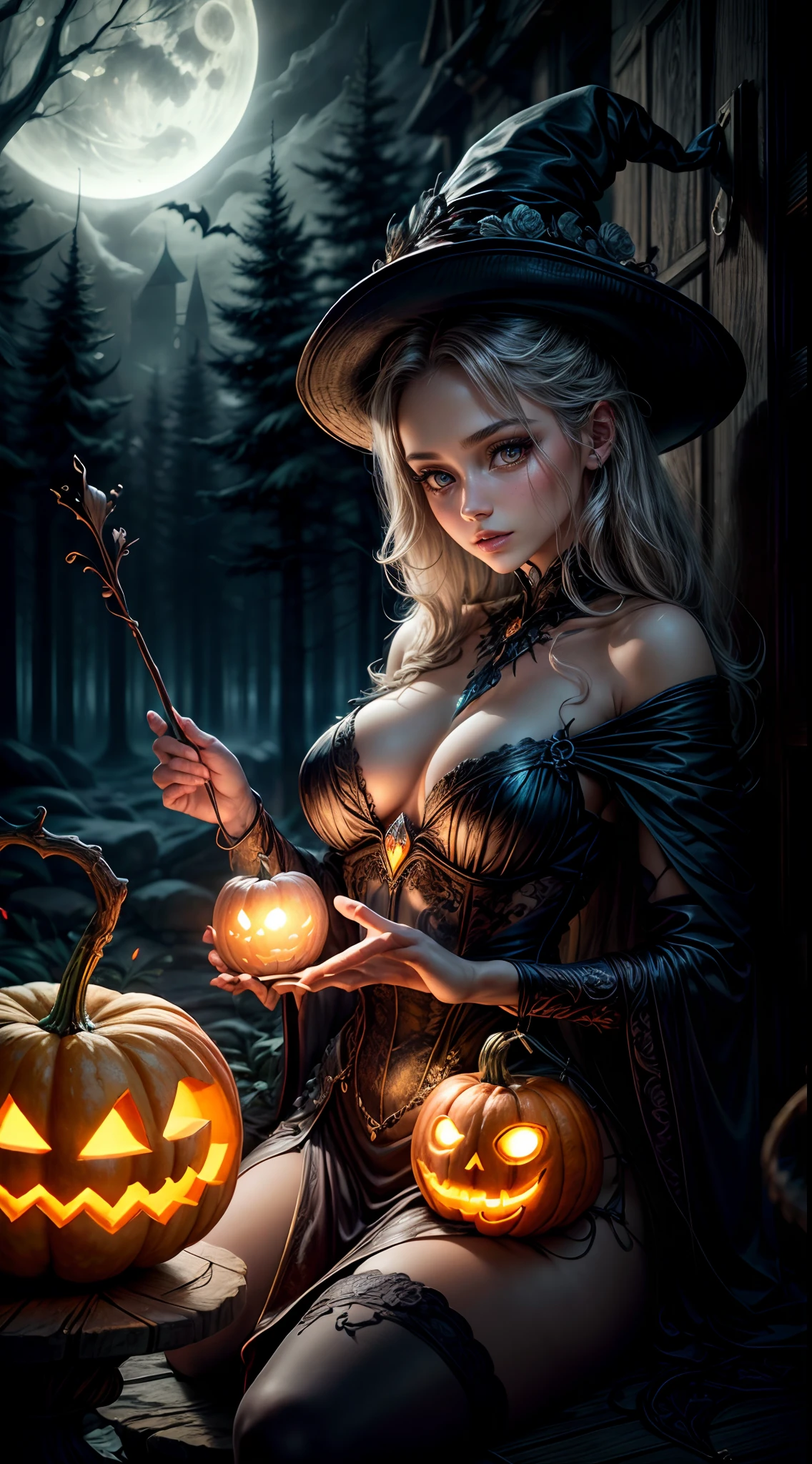 (best quality,4k,8k,highres,masterpiece:1.2),ultra-detailed,(realistic,photorealistic,photo-realistic:1.37), portrait, sorceress, moonlight, pumpkin, eerie glow, spooky, atmospheric, enchanting, dark and enchanting, golden hour, Halloween, mystical, magical, witch, sorcery, spellbinding, ethereal, mystical fog, mysterious, haunting, shadowy figures, enchanting forest, bewitching, moonbeam, mystical aura, bewitching eyes, captivating, otherworldly, witchcraft, moonlit sky, enchanted evening, sorceress's lair, bewitched pumpkin, moonlit silhouette, mystical powers, mysterious atmosphere, spellcaster, moonlit magic, hauntingly beautiful, enchantment in the air, ethereal beauty.