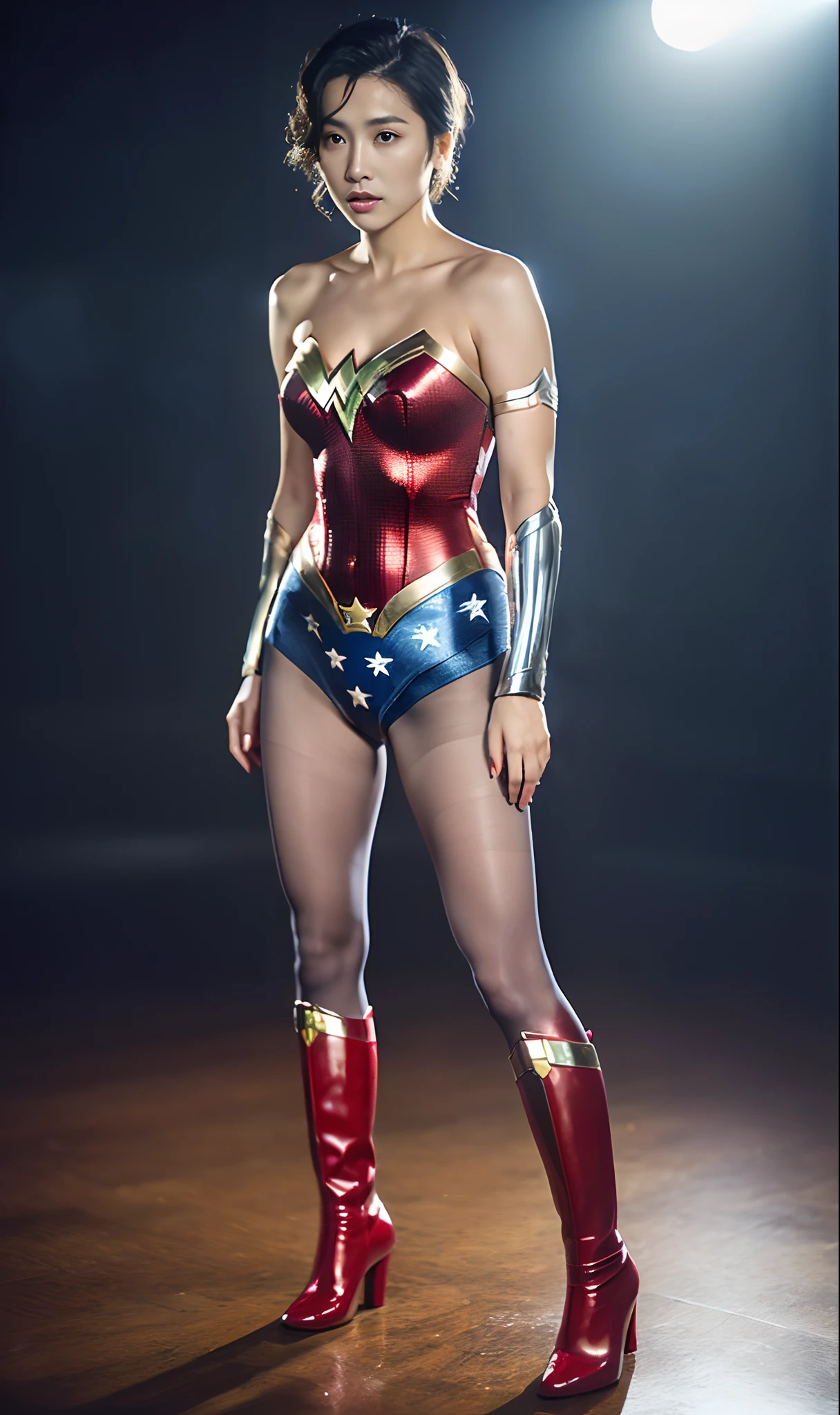 (((Term drooping)))、(((hang yourself)))、(((Wear black tights on your beautiful legs.)))、(((defeated)))、(((Anguished facial expressions)))、(((Eyes closed)))、(((Make the most of the original image)))、(((Wonder Woman Costume)))、(((shiny short hair)))、(((Suffering)))、(((Feet must necessarily be worn with black tights)))、(((You need to wear red boots)))、((Top image quality、8K))、((top-quality、8K、masterpiece:1.3))、(((Keep your background simple)))、Crisp focus:1.2、Beautiful woman with perfect body shape:1.4、Slender Abs:1.2、a wet body:1.5、Highly detailed facial and skin texture、