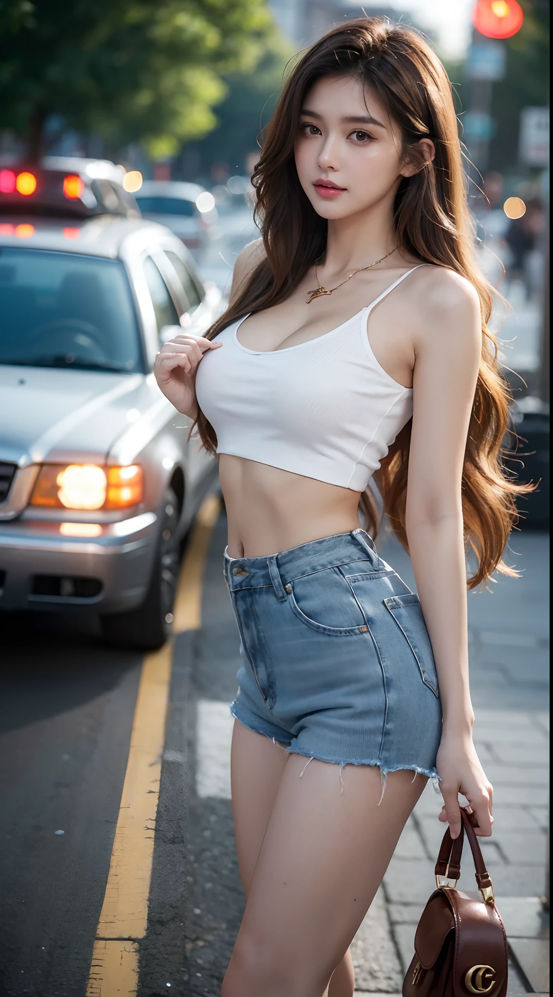 1 beautiful woman taking pictures on the grass of the villa,RAW photos,tmasterpiece,(highdetailskin:1.2),8k ultra high definition,digital SLR camera,gentlesoftlighting,high high quality,filmgrain,富士XT3,20 years old Asian woman,Wear simple clothes,T-shirt and skinny jeans,Detailed clothing details:1.3,perfect body figure,Perfect breasts and nipple bulge,The legs are straight and slender,Branded stylish shoes:0.6,Super detailed facial details and skin,Fair pink face and skin,The skin is pink,with light glowing,二重まぶた,Super detailed eyes,(Gloss on lips, eyeslashes, Glossy face, Best quality, Super high resolution, warm color,Wide lighting, naturalshadow), Sexy, Full body shooting: 1.8