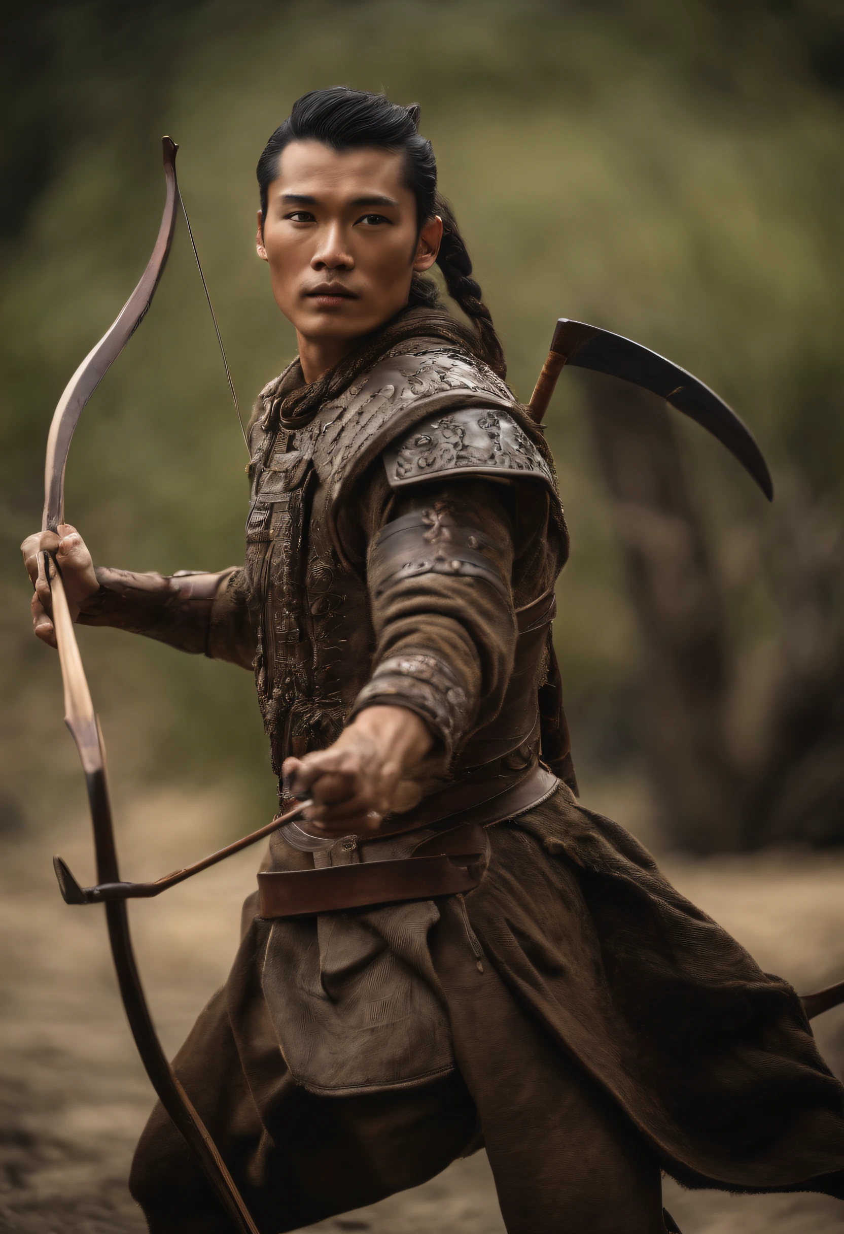 Ancient tribes，male people ，Youth，cabelos preto e longos，Oriental face，Huang Xiaoming，Armed with a bow and arrow， Completely realistic,Full high resolution, Well made，detail-rich.