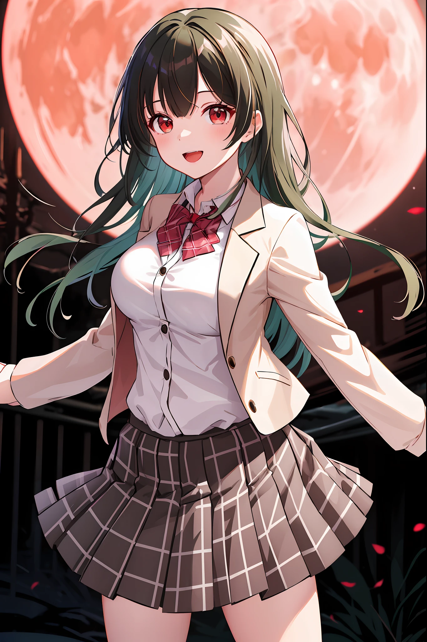 masterpiece, best quality, highres, 1girl, green hair, long hair, bangs, red eyes, medium breasts, pink bowtie, school uniform, white jacket, open jacket, black cardigan, black shirt, white skirt, plaid skirt, smile, open mouth, arms behind back, leaning forward,  Surface of the Moon