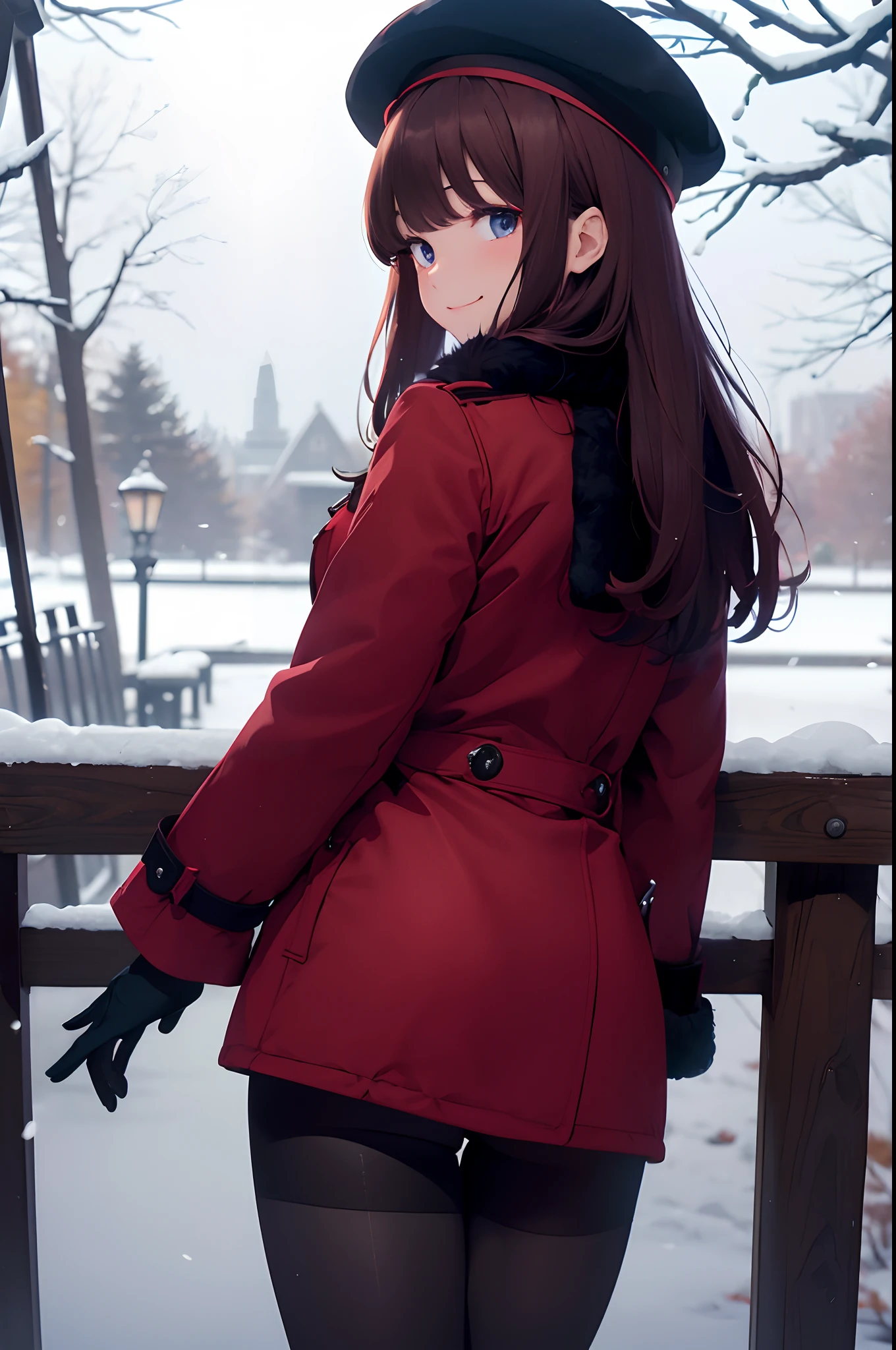 woman in an open red toggle coat side view, long wavy light brown hair, straight cut bangs, blush, (red beret), black pantyhose, wide shot, pitch black and snowing, tall, ((Hands concealed behind back, standing up and leaning forward slightly with a smile)), ((pretty dark blue eyes)), ((view from thigh area to top of hat)), ((Autumn)), ((facing viewer)), ((Hair blowing in the breeze))