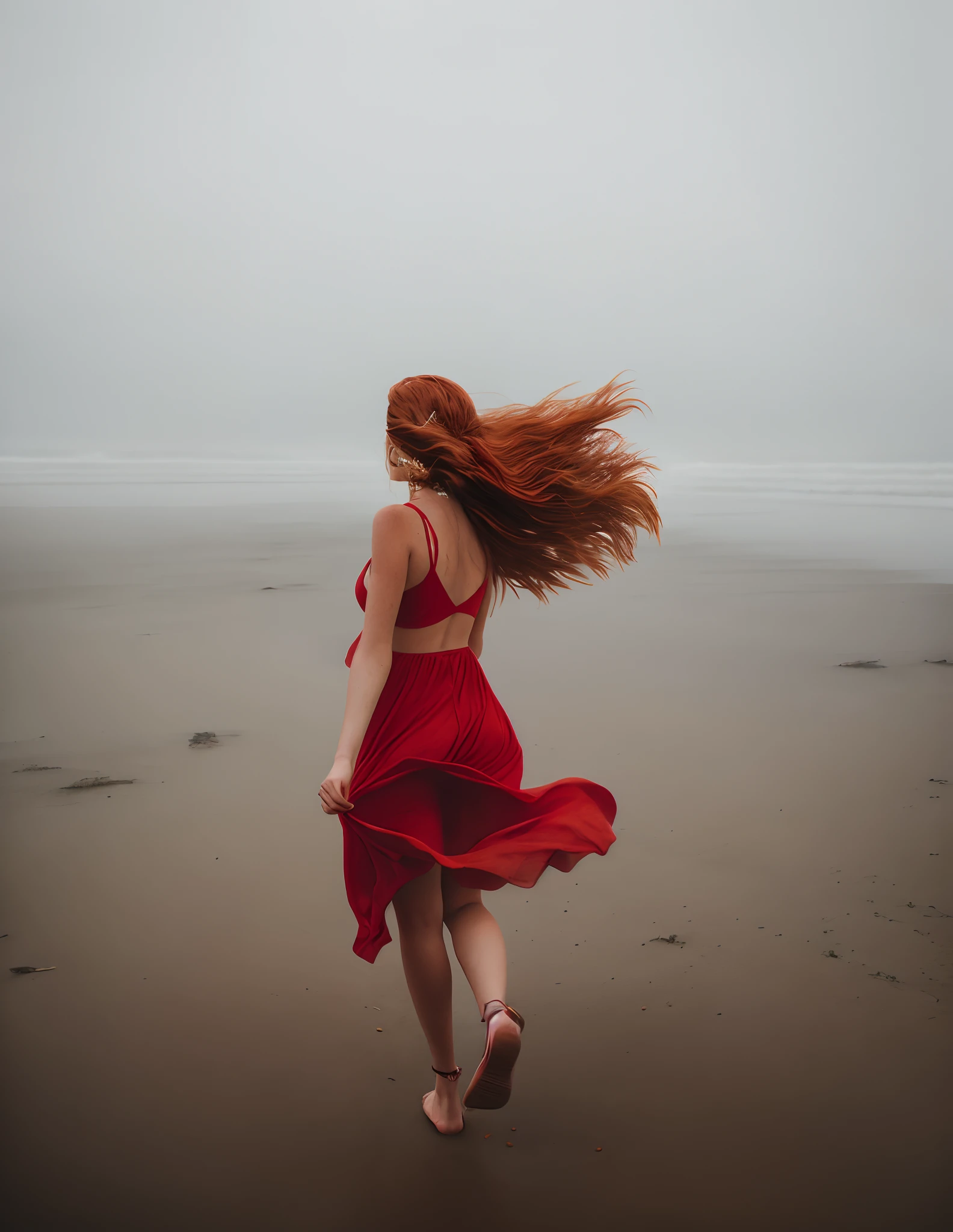 araffe woman in red dress walking on beach with long hair, wind blowing and hair flowing, long ginger hair windy, windy hair, young redhead girl in motion, her hair blowing in the wind, flowing red hair, wind blowing hair, wind blown hair, hair fluttering in the wind, long hair windy, windy beach, hair floating in the wind