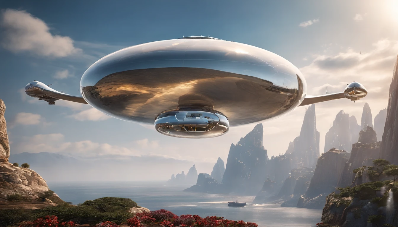 Future cargo ships, Design oval, Displays the pilot's transparent cockpit, Fly high above a planet illuminated by the midday sun，Fly over glittering buildings, (4K, 16k, Master parts, photo RAW, Best quality, detaile), (Beautiful, Aesthetic, parfait, 繊細, 复杂)