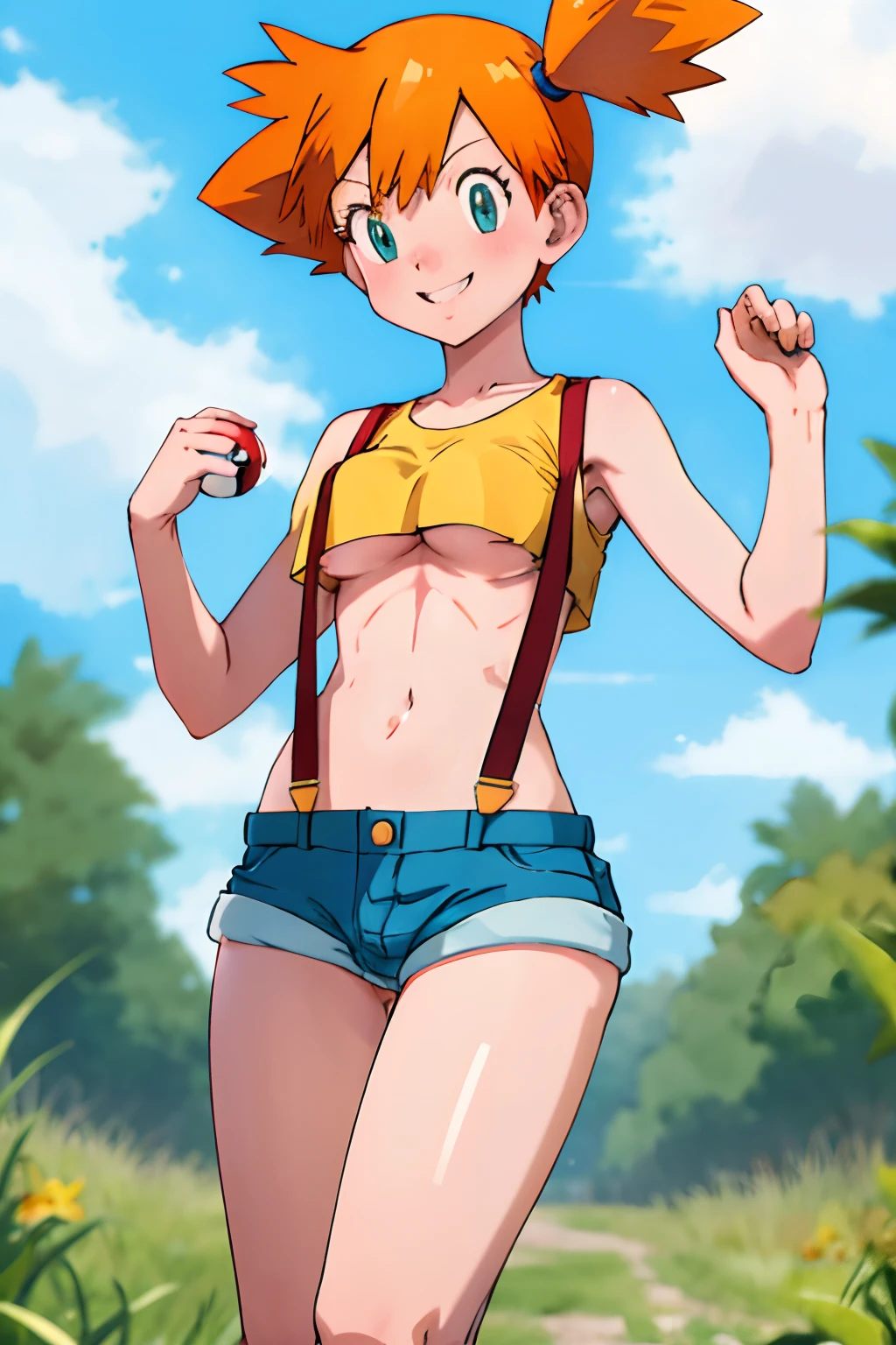 masterpiece, best quality, highres, 1girl, misty (pokemon), orange hair, solo, shorts, suspenders, side ponytail, orange hair, midriff, yellow loose crop top, navel, short hair, denim, denim shorts, smile, cowboy shot, outdoors, (((Under Boob))), small breasts, Externally expanded Chest, laying on the ground, spreaded legs, ((caneltoe pussy))