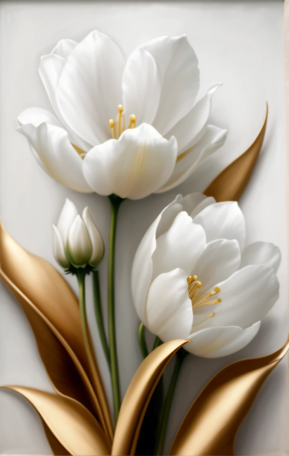 There are two white flowers that are in a vase, realistic flowers oil painting, flores de ouro, Flores douradas, branco e dourado, flores elegantes, ouro e branco, pintura digital elegante, flores e ouro, elegante e gracioso, gracioso e elegante, pintura elegante e refinada, Detalhe requintado, elegant oil painting, flores brancas, incrivelmente bonito, Art Nouveau hiperrealista
