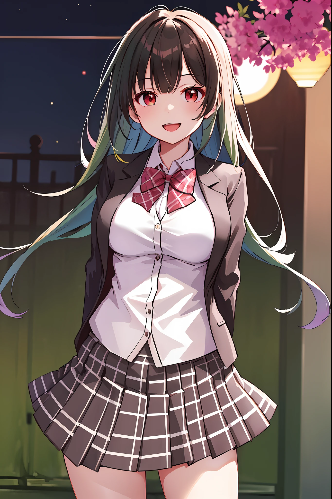 masterpiece, best quality, highres, 1girl, green hair, long hair, bangs, red eyes, medium breasts, pink bowtie, school uniform, white jacket, open jacket, black cardigan, black shirt, white skirt, plaid skirt, smile, open mouth, arms behind back, leaning forward,  Surface of the Moon