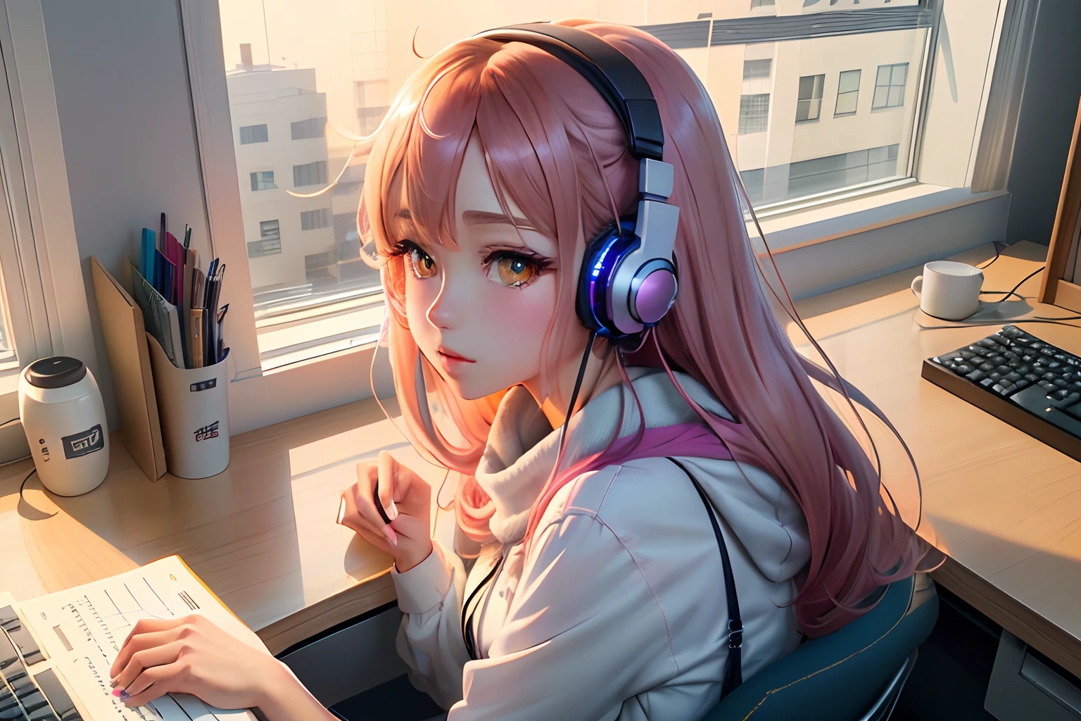 anime girl sitting at a desk with headphones on writing, anime style 4 k, digital anime illustration, digital anime art, anime style. 8k, anime moe artstyle, anime art wallpaper 4 k, anime art wallpaper 4k, anime style illustration, smooth anime cg art, detailed digital anime art, anime art wallpaper 8 k, realistic anime 3 d style half naked