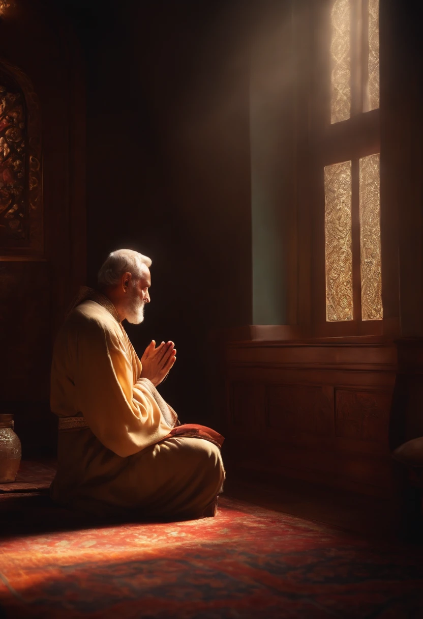 A person in prayer and in tune with God in his room 4k realistic image