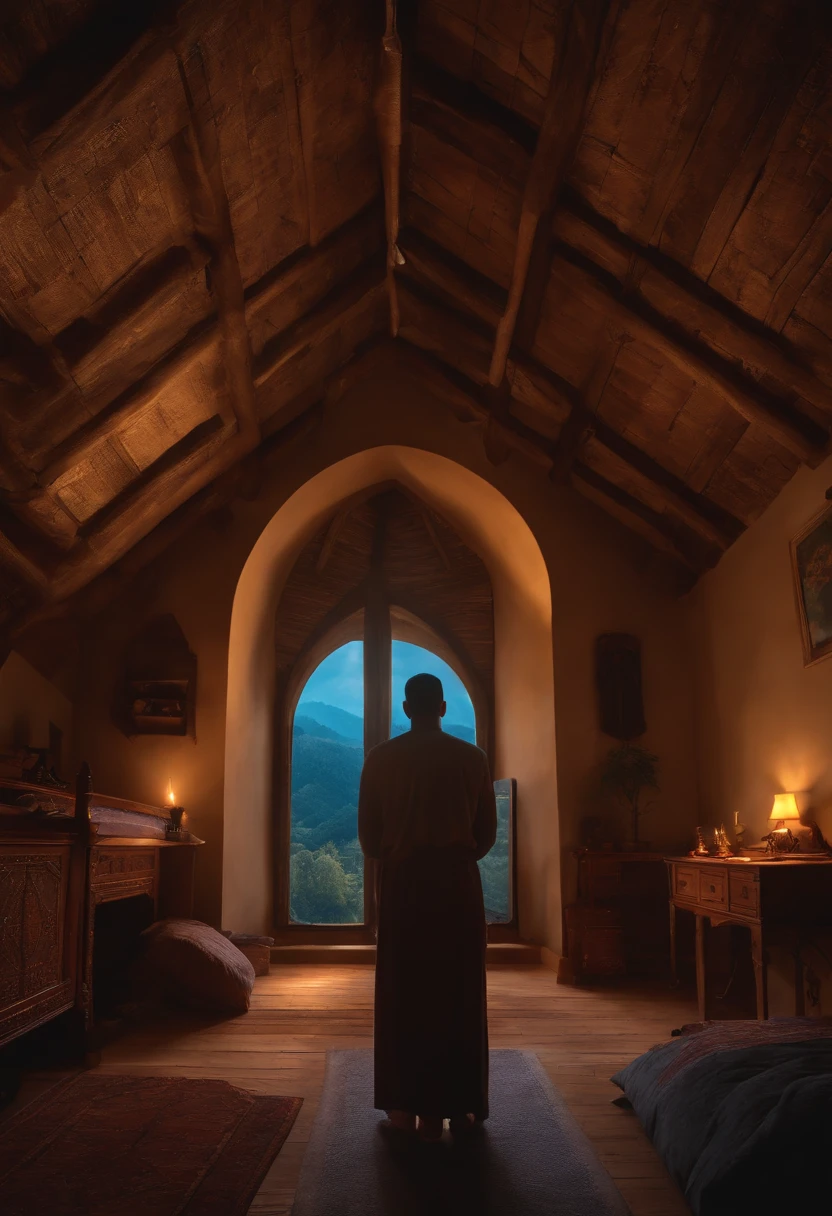 A person in prayer and in tune with God in his room 4k realistic image