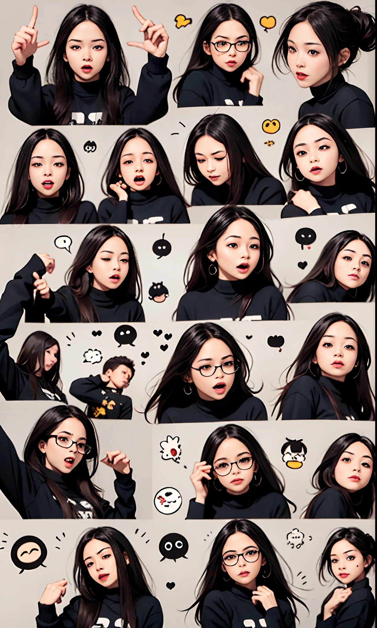 Cute girl avatar，Emoji pack，（glasses），((9 emojis，emoji sheet of，Align arrangement))，(9 poses and expressions),（grieves，astonishment，having fun，exhilarated，big laughter，Angry，doubt，Touch your head，Sell moe,cry），Anthropomorphic style，Chinese style，Black strokes，Different emotions，9 poses and expressions，8K