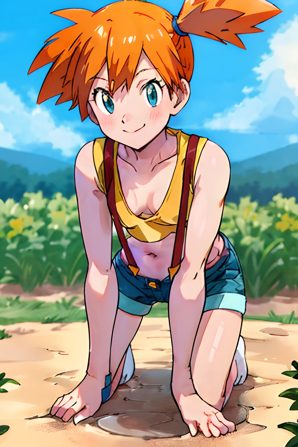 masterpiece, best quality, highres, 1girl, misty (pokemon), orange hair, solo, shorts, suspenders, side ponytail, orange hair, midriff, yellow crop top, navel, short hair, denim, denim shorts,, smile, cowboy shot, outdoors, small breasts, Externally expanded Chest, ((((on all fours)))), ((downblouse))