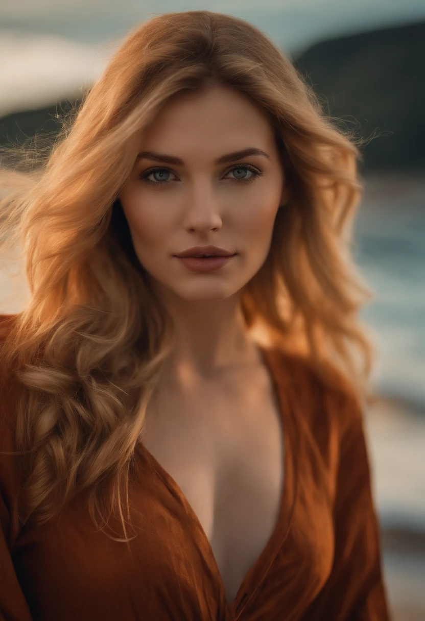 professionnel, (Photo 4k:1.1) par (Jeremy Lipking:0.3), (Dittmann Anna:0.3), (jiner:0.3), (mise au point nette:1.3), High detail, Porter (Chemise moulante:1.2), beautifull detailed face, A pretty woman with long blonde hair looks at the camera, resembling actress Katherine McNamara, Panasonic Lumix S Pro 50mm F/1.4, Anne Stokes, splash of color, dark orange and dark emerald, Ferrania P30, photo realist, (attractive young woman:1.3), (Seductive:1.1), (rougissant:1.1), Forme du corps du sablier, gros seins ronds, hanches larges, in the background beach, Prendre un Selfie, Porter un pull