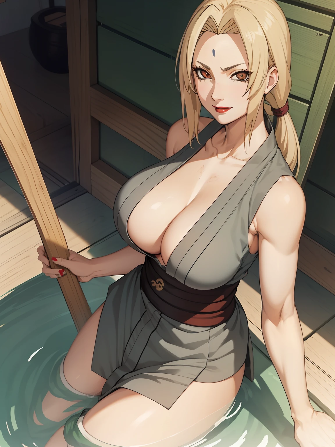 1girll, 独奏, Tsunade, 30 years old, Tsunade, sleeveless, Big red lips, Mature breast, ninja, Full body, looking, big eyes, The Rise of Halima, mature, Big Donkeys, A wonderful smile, wind, Yellow hair