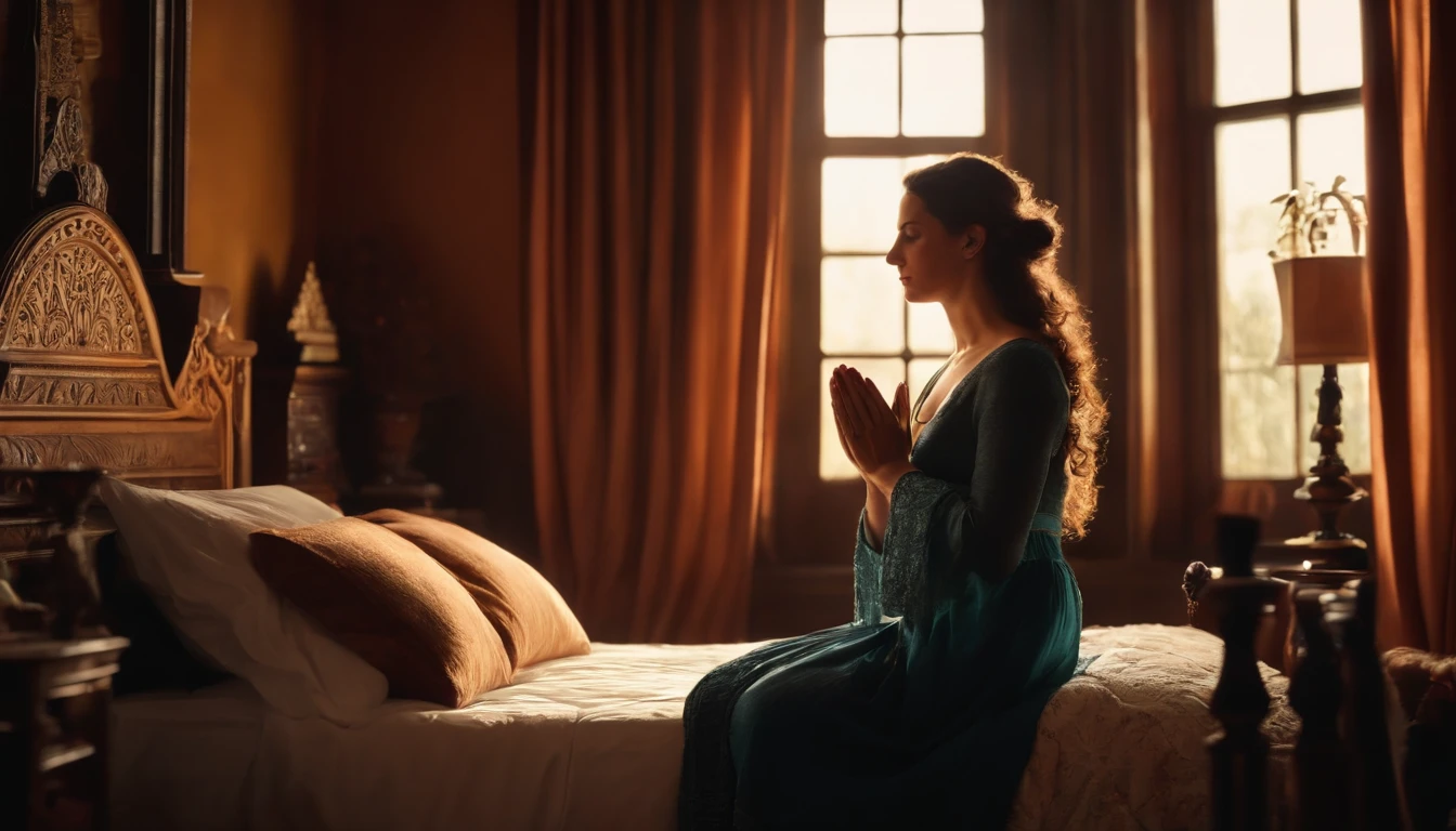 A woman in prayer and in tune with God in her bedroom 4k realistic image
