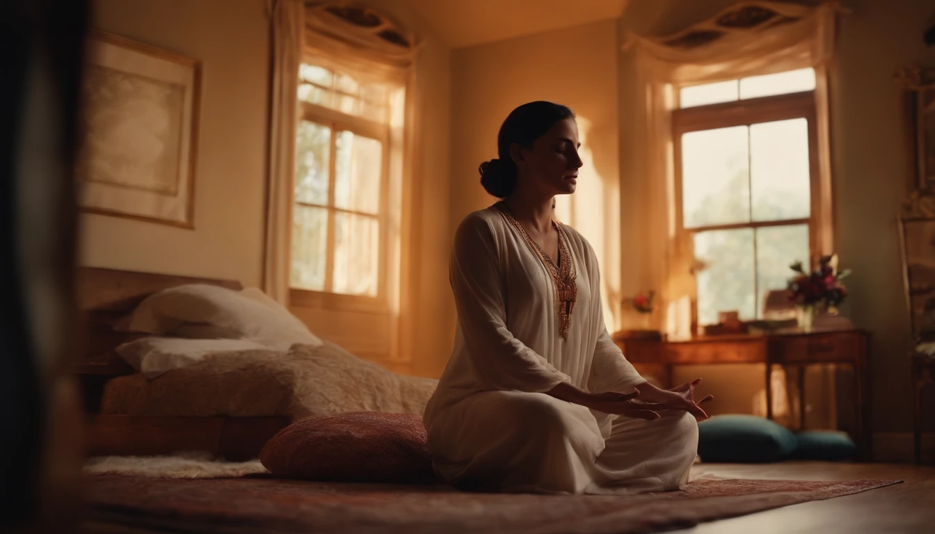 A woman in prayer and in tune with God in her bedroom 4k realistic image