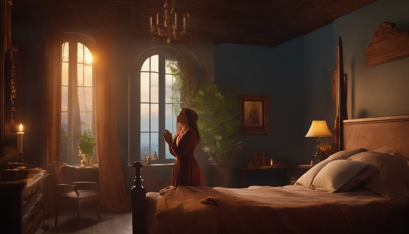 A woman in prayer and in tune with God in her bedroom 4k realistic image