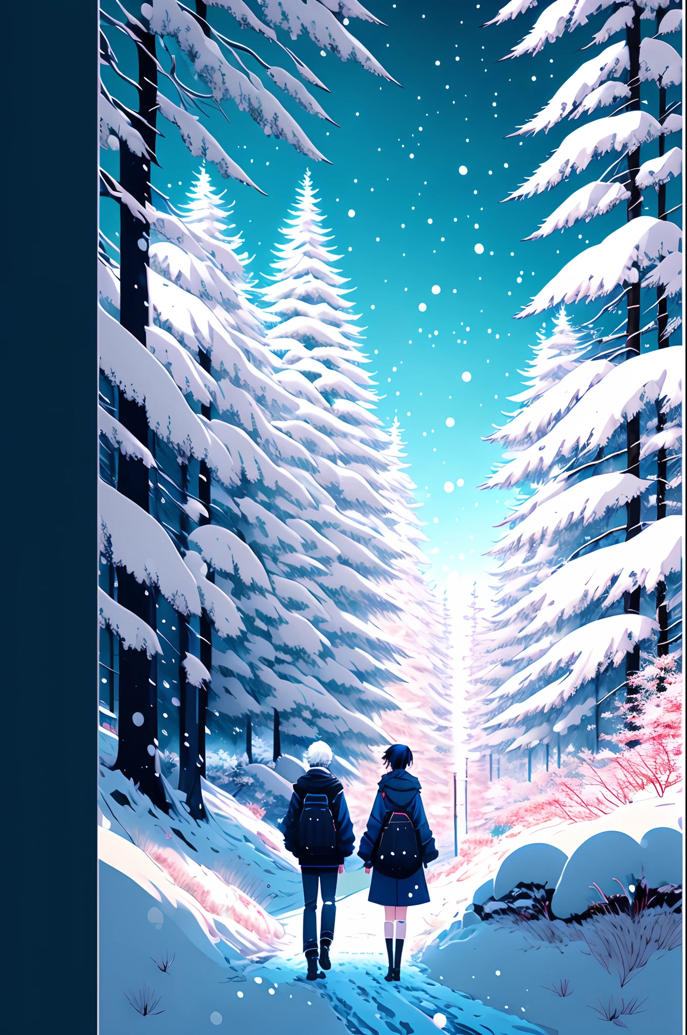 anime couple in auntum scene with snow covered trees and blue sky, a picture inspired by Yumihiko Amano, trending on pixiv, serial art, anime background, guweiz and makoto shinkai, 4k anime wallpaper, anime wallpaper 4 k, anime wallpaper 4k, anime movie background, anime style 4 k, anime visual style, 4 k manga wallpaper