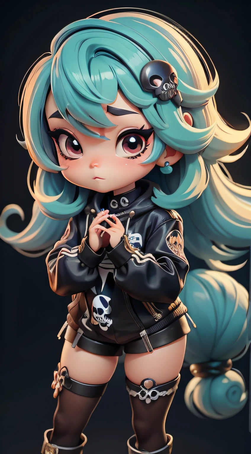 anime estilo chibi, cabelos curtos pretos, Olhos castanhos, Capuz, Computador pessoal, Serpentina, vtuber, estilo de rua, skull hands