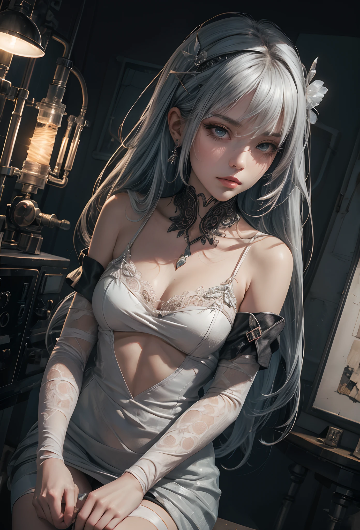 (Detailed illustrations,Very detailed and detailed drawing,Delicate lines with slow and rapid,Realistic texture expression),[Color tressed main line],(Old laboratory[Moon Night]),((Frankenstein's MonsterGIRL) 14years (Splicing[[seam][Bandage electrode]]))[SKINNY]),((Manteau blanc)[Ren Hao(frilld)bow ribbon])[knee high socks],[Soft ambient light][[Halloween]][Colorful],(Intricate and beautiful decoration [Dense detail]),(Fine and beautiful skin expression [Transparency]),[Perfect eye details (Iris beautifully drawn in every detail)[Jewel-like eyes]],[long and beautiful eyelashes],[Meticulously drawn hair [More on beautiful and shiny hair]],(Perfect hand details [Beautiful fingers without breakdowns [Beautiful nails]]),(Perfect Anatomy (Perfectly proportioned)) [[Full body like]],[Ideal color coordination(Accurate simulation of light-material interactions)],(HighQuality,[Precision Detail] hight resolution,(detaileds,high-detail)),[[Pale and gentle colors]][Visual art that conveys a sense of narrative] [[Eros in the Natural Body]].