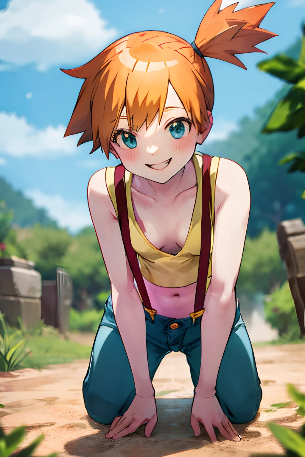 masterpiece, best quality, highres, 1girl, misty (pokemon), orange hair, solo, shorts, suspenders, side ponytail, orange hair, midriff, yellow crop top, navel, short hair, denim, denim shorts,, smile, cowboy shot, outdoors, small breasts, Externally expanded Chest, ((((on all fours)))), ((downblouse)), sticking out her ass