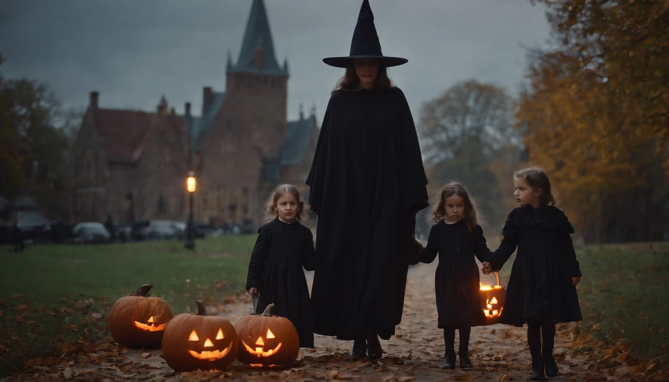 Halloween in the Haunted City with a Witch and Children