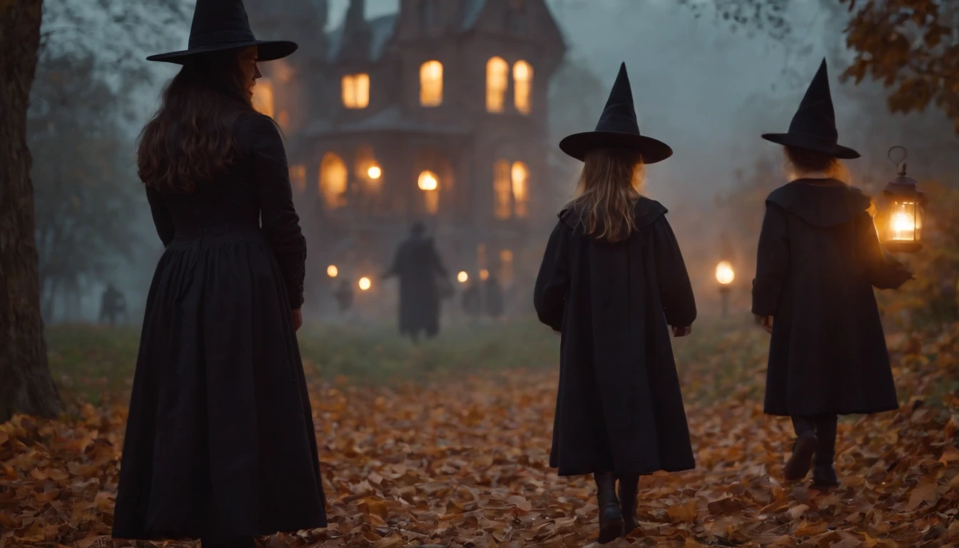 Halloween in the Haunted City with a Witch and Children