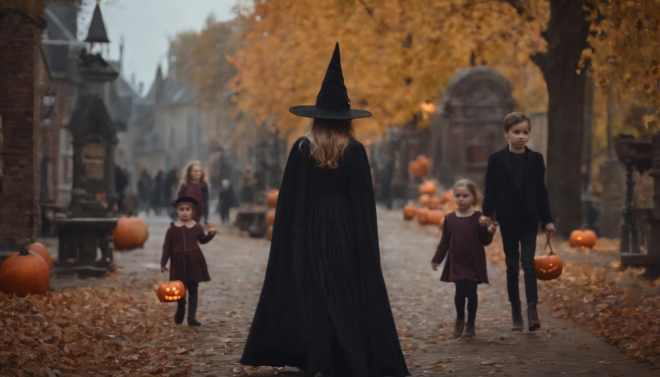 Halloween in the Haunted City with a Witch and Children