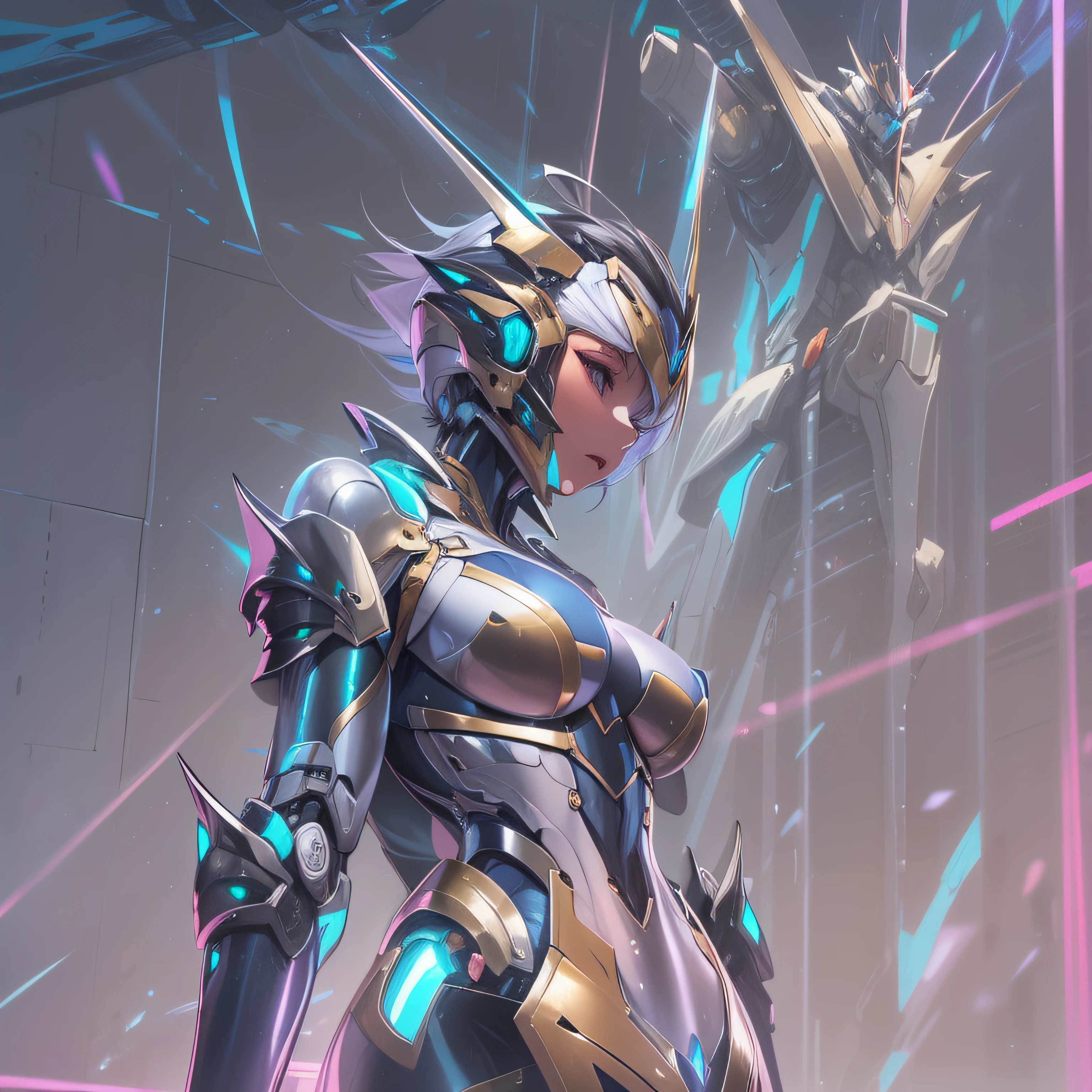 1 human girl, big hip, (medium breasts with covered )+++, (hologram+ mecha heavy armor)++++, on (psychederic+ latex skinny shiny glossy suit)++++, from side view below, , ecstasy,