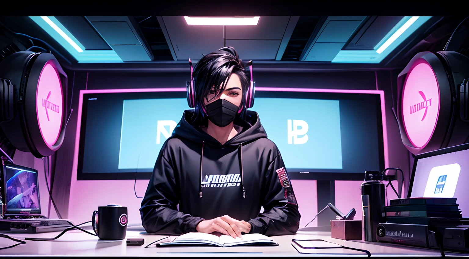 cartoon of a man in a realsitic awesome hoodie sitting at a desk with a microphone on desk, blue yeti microphone, discord profile picture, cyber aesthetic, the encrypted metaverse, art depicting control freak, background artwork, vaporwave cartoon, black hair, talking into microphone, 2d illustration, cyberpunk art, A man with a mask wearing headphones in a home studio, laptop on table, influencer, looking into camera, YouTube studio, background wall with youtube golden play button, best quality, hd, face and body in center facing towards camera