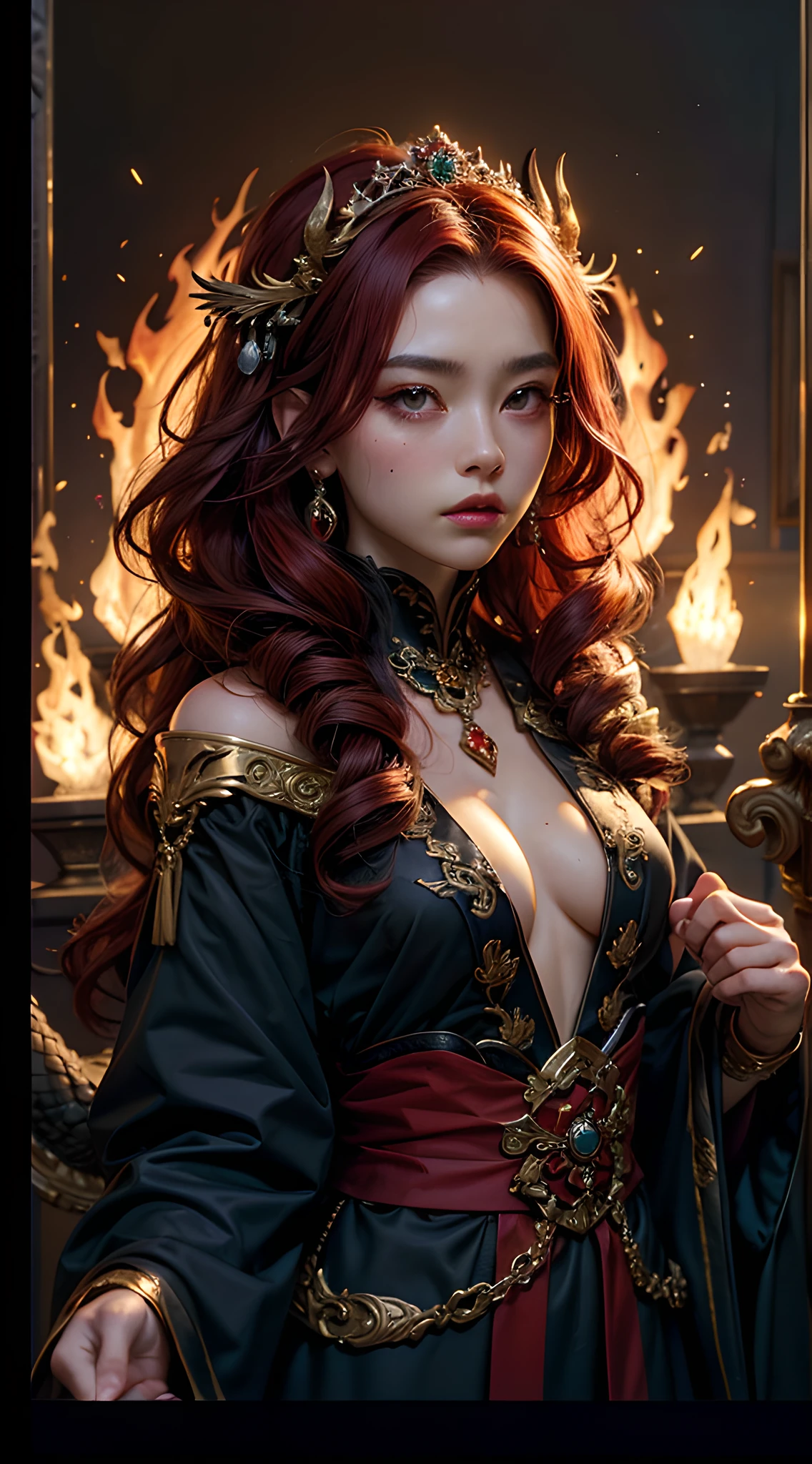 young Dragon-Girl, (deep red hair), big hair, portrait, double eyelid, serious face, small breast, deep dark eyes, Princess of Dragons, Dynasty of fire