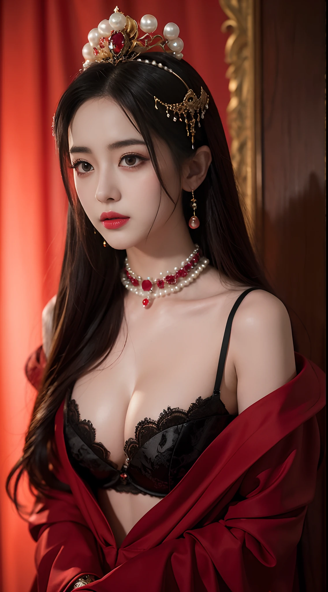 beautiful Dilraba Dilmurat, colorful crimson blood shower, teenage succubus cosplay, photorealistic, raw photo, fashion designer, voluptous, cleavage, respledent ashen skull pearls, baroque, in the style of Victor Ngai