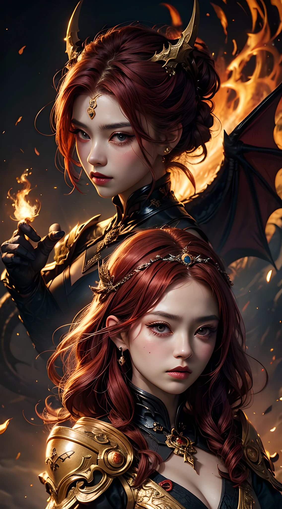 young Dragon-Girl, (deep red hair), big hair, portrait, double eyelid, serious face, small breast, deep dark eyes, Princess of Dragons, Dynasty of fire