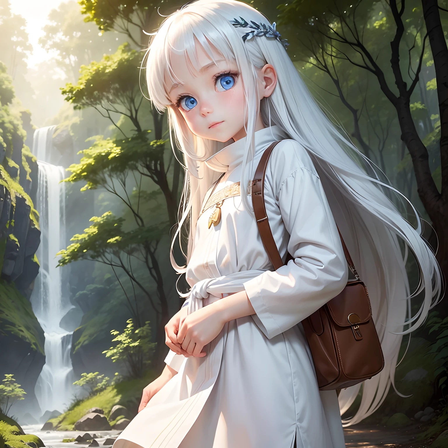 In the background in the forest, a beautiful girl name is May, 8-year-old girl with blue eyes, long white hair, wearing a white tunic, On the waist there is a small bag, Mischievous face